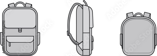 Multi-view backpack sketch, school travel gear, front pocket design, side strap illustration, back panel detail, flat cad line art, cad drawing flat vector illustration