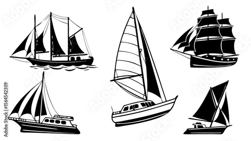 Silhouette Collection of Boats and Ships in Various Natural Poses, Isolated on Clean White Background for Marine and Nautical Vector Design