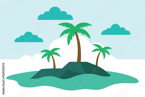Tropical Island Paradise Palm Trees, Ocean, and Clouds Illustration