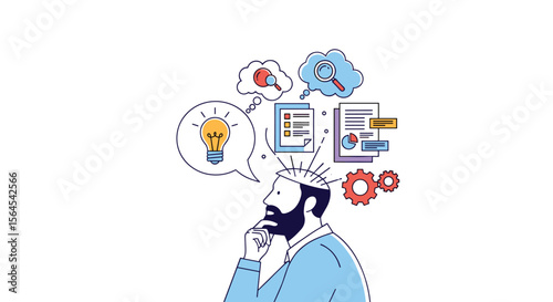 Man thinking about ideas data analysis and problem solving strategies for business growth