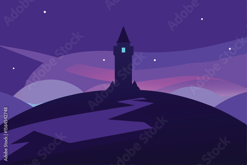 Enchanted Tower on a Hilltop under a Starry Night Sky