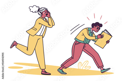 Shocked woman chasing a man intensely reading a document conveying urgency and surprise in a stylized illustration