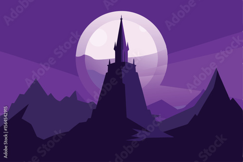 Majestic Mountaintop Castle Silhouette under a Full Moon