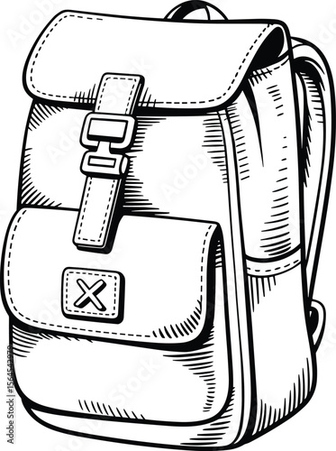 CAD drawing flat vector illustration of backpack with flap buckle closure, front pocket detail, adjustable straps, hand-drawn sketch style, school and travel bag layout design