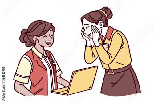 Two smiling women in uniform sharing a laugh while looking at a laptop in a casual office setting