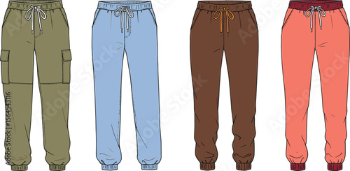 Trendy jogger pants set, cargo style, drawstring waist, streetwear fashion, comfortable loungewear, casual trousers, stylish bottomwear for all flat vector illustration