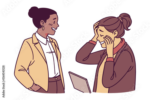 Two diverse women in business attire sharing a moment of laughter and joy while working together with a laptop