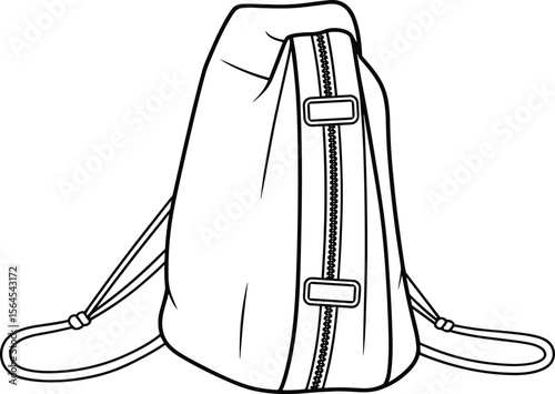 CAD drawing flat vector illustration of minimalist backpack design, zipper and buckle detail, adjustable straps, front view layout, travel and school bag, technical gear sketch