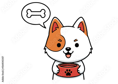 Cute Cartoon Dog with Food Bowl and Thought Bubble.