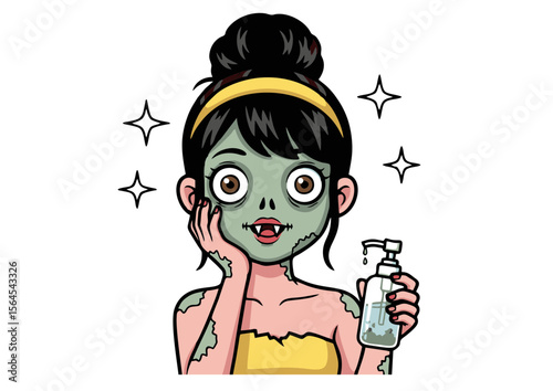 Cartoon Zombie Girl Applying Skincare with Green Skin and Vampire Fangs.