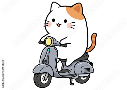 Adorable Chubby White Cat with Orange Patches Riding a Vintage Scooter.