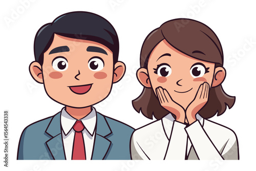 Joyful cartoon man in a suit and tie stands beside a smiling woman with her hands on her cheeks conveying happiness and warmth