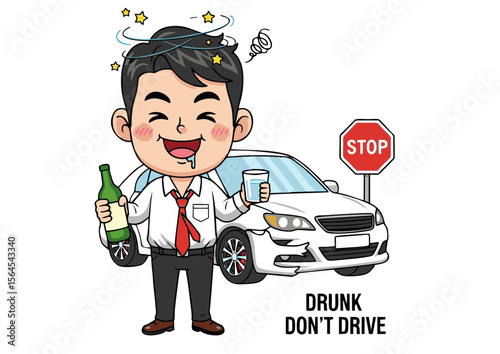 Inebriated Cartoon Man Holding Alcohol Bottle and Glass Dizziness Effect.