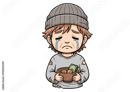 Sad Cartoon Homeless Man with Empty Bowl and Tears.