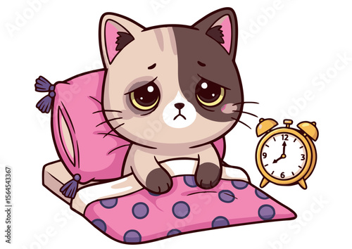 Sleepy Cartoon Cat with Alarm Clock on Bed.