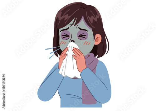 Ill Woman with a Tissue Covering Her Nose and Mouth.