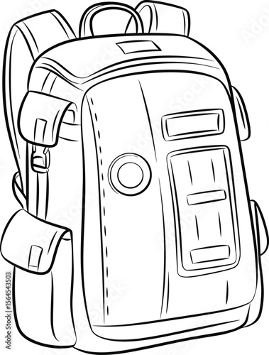 CAD drawing flat vector illustration of essential backpack design, ergonomic straps, multiple compartments, front and side pocket layout, travel, school, hiking gear, technical bag sketch