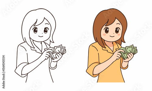 Bank customer service is counting money coloring page for kids