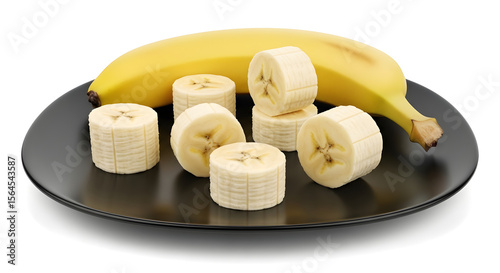 Fresh Banana Slices on Black Plate White background