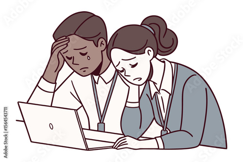 Two distressed colleagues with hands on their heads looking at a laptop screen with sad expressions and a tear drop