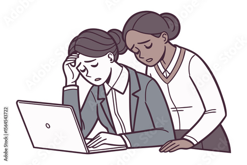 Two concerned women coworkers looking stressed and overwhelmed while working together on a laptop in an office setting