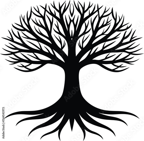 Stylized Black Tree Silhouette with Intricate Branches and Exposed Roots  Artistic Nature Illustration new 2025 trendy