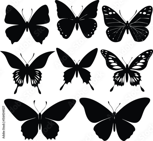 Collection of Elegant Black Butterfly Silhouettes in Various Poses  Graceful Insect Vector Set new 2025 trendy