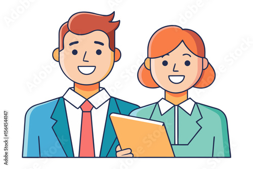 Smiling business colleagues a man and woman in suits collaborating over a document representing teamwork and professional partnership