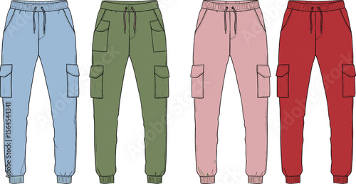 Colorful cargo jogger pants collection, casual wear, unisex fashion, modern street style, drawstring waist, utility pockets, versatile design flat vector illustration