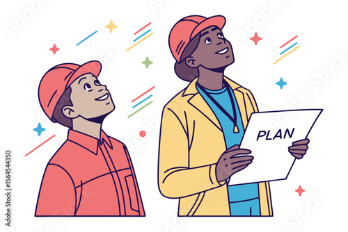Two diverse construction workers in hard hats looking up with smiles one holding a plan document symbolizing teamwork and future projects