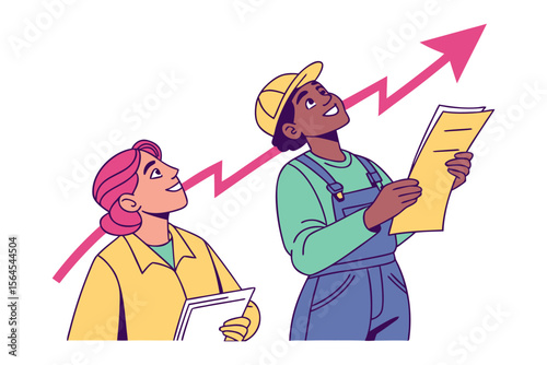 Two diverse individuals joyfully observing a rising graph symbolizing growth success and positive financial or career progression