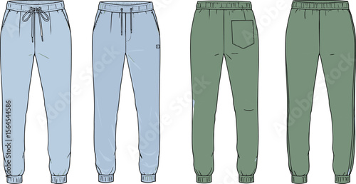 Stylish unisex jogger pants, featuring drawstring waist, cuffed hem, minimal design, front and back view, soft cotton fabric flat vector illustration