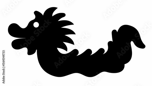 Silhouette of a mythical dragon with spiky mane and curled tail in solid black on a white background