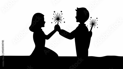 Silhouette of a couple holding sparklers and reaching towards each other in a dark and light scene