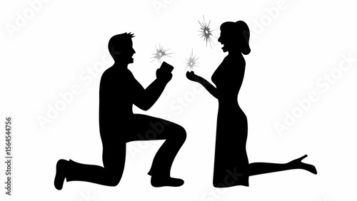 Man proposing to a woman with an engagement ring in a box silhouette on a white background image scene