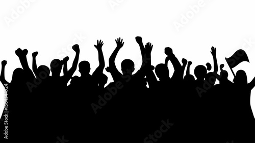 Silhouette of a crowd with raised hands and a flag in black and white against a plain background view