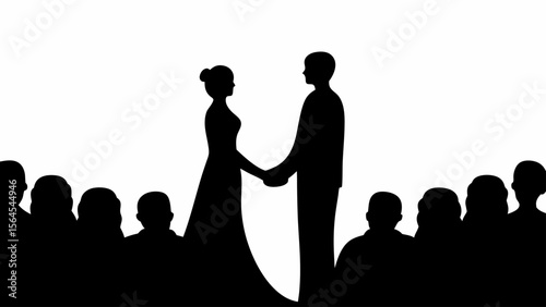 Silhouette of a bride and groom holding hands at their wedding ceremony with guests in attendance