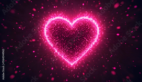 A neon pink digital heart with glitch effects, pixel fragmentation, and circuit board texture in the background. 