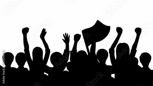 Silhouette of a crowd of people raising their hands and holding a flag in a demonstration or protest event