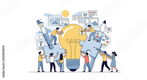 Illustrating collaboration and teamwork building a bright idea together
