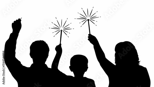Silhouette of family celebrating with sparklers against a white background in a festive atmosphere