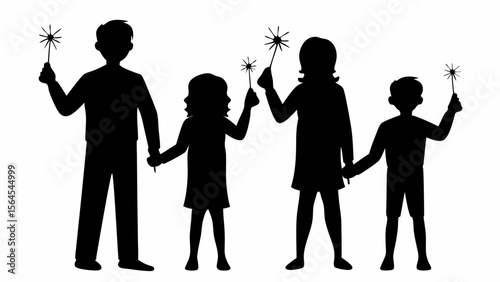 Silhouette of family holding sparklers and holding hands in a celebratory or festive atmosphere scene