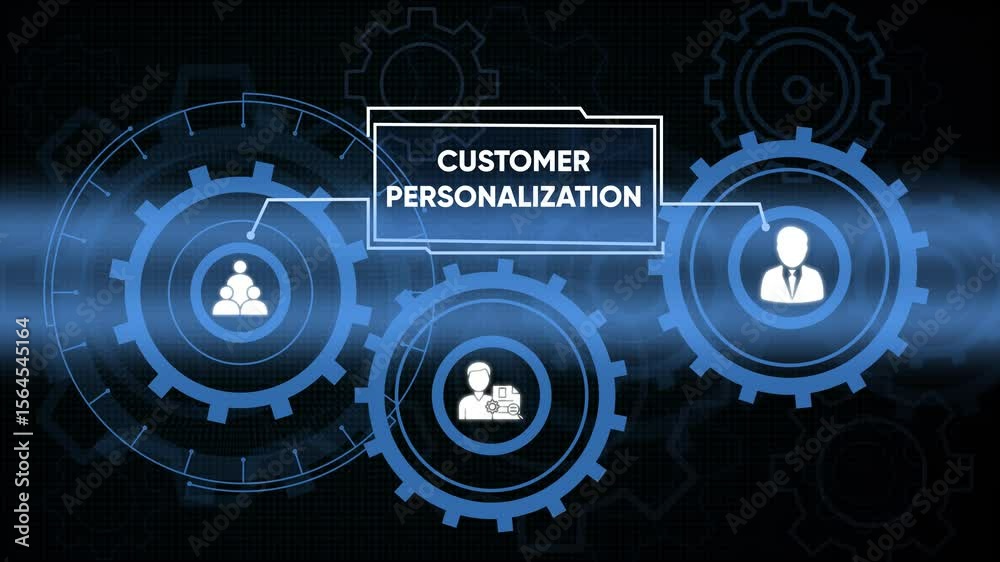 Customer personalization conceptualized with blue gears and business icons on dark background