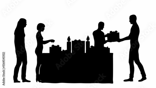 Silhouettes of people exchanging gifts around a table with candles and presents in a monochrome scene
