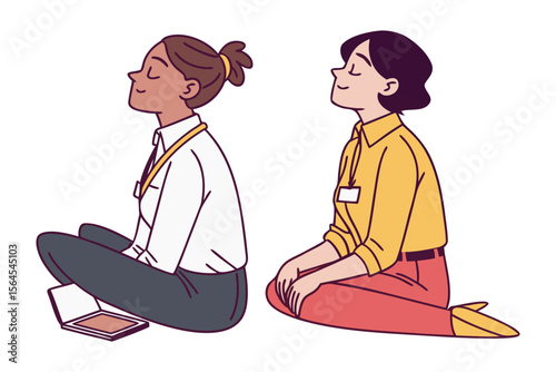 Two women in business attire meditating peacefully in a seated cross legged position finding calm during the workday