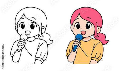 Woman talk using a mic coloring page for kids