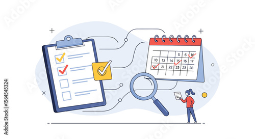 Organizing project tasks and schedules with a magnifying glass illustration