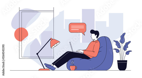 Creative work from home setup with person on beanbag chair