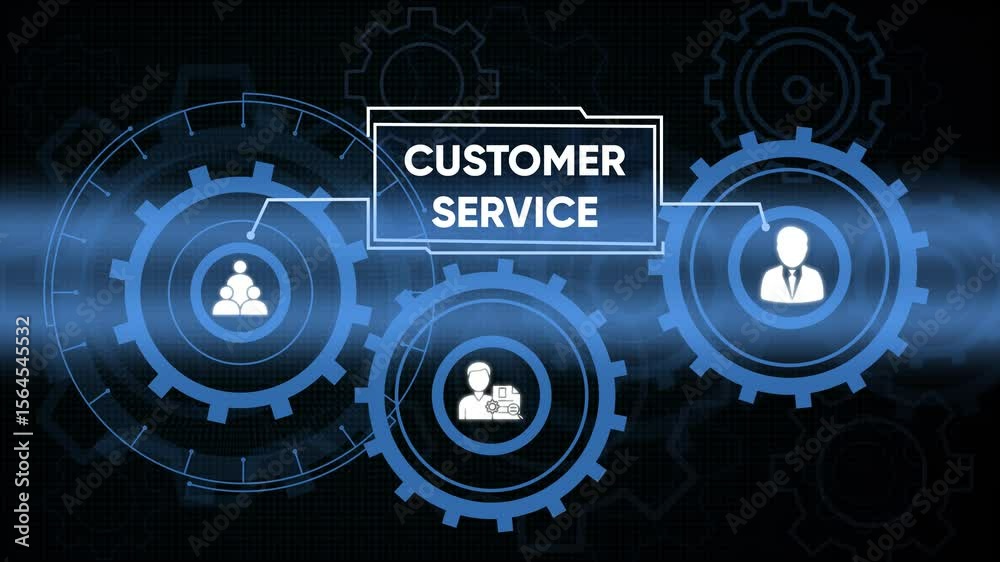Customer service concept with gears and icons representing teamwork and support