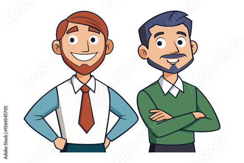 Two smiling cartoon men in business attire standing side by side with confident expressions and friendly demeanor